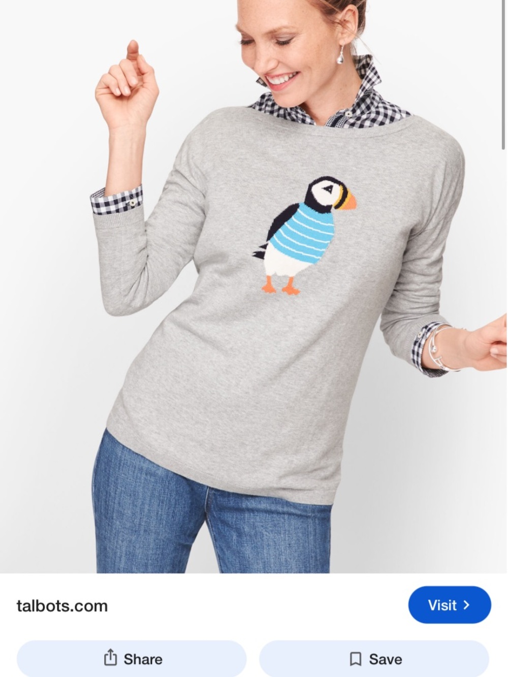 Talbots Light Gray Crewneck Sweater with Puffin Graphic 2X